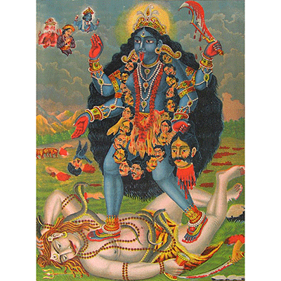 Kali in her Dakshina Kali form, lithograph